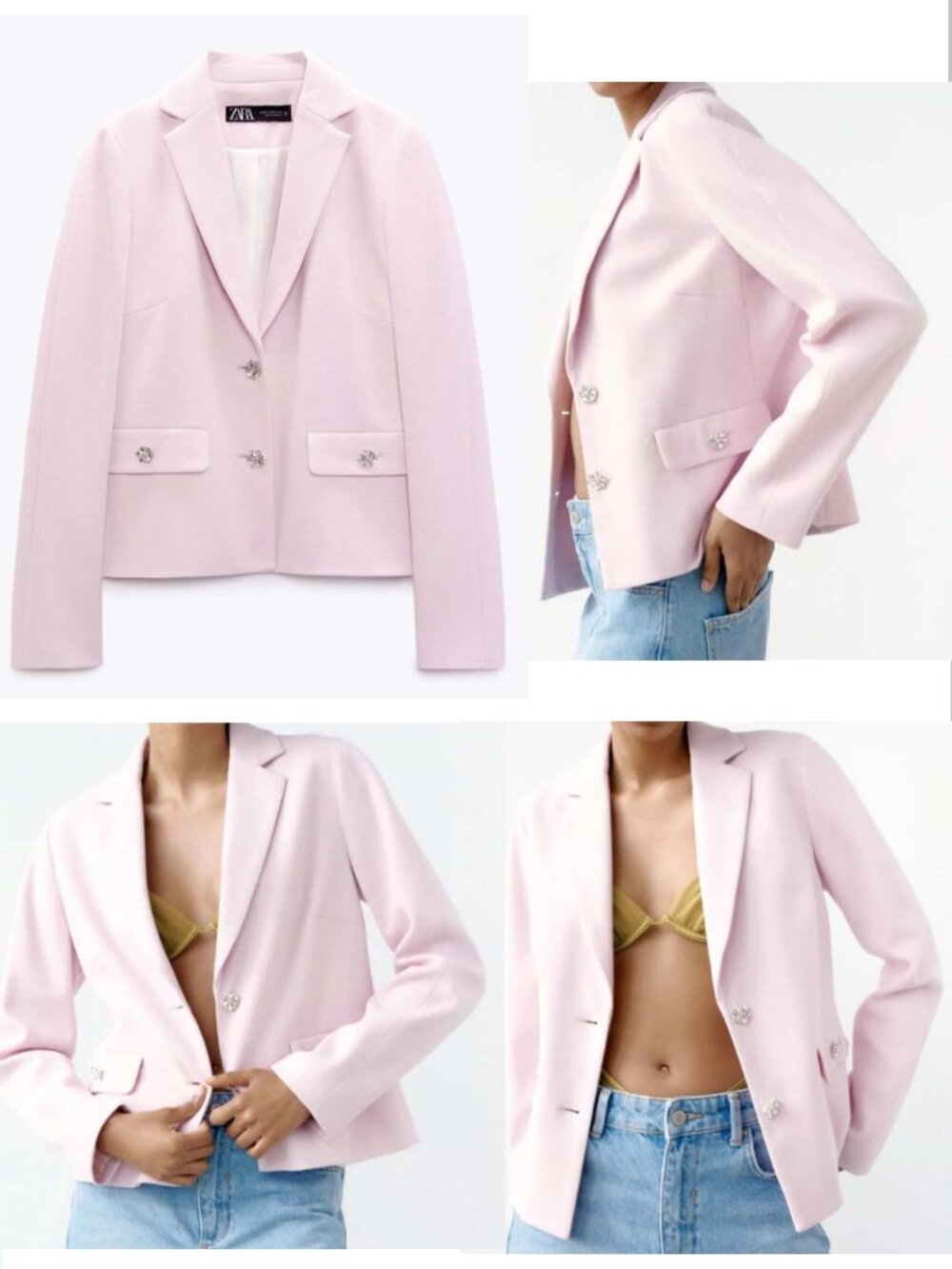 🎀 NWOT ZARA Pastel Pink (SMALL) Tweed Cropped Blazer with Rhinestone Buttons 💎
